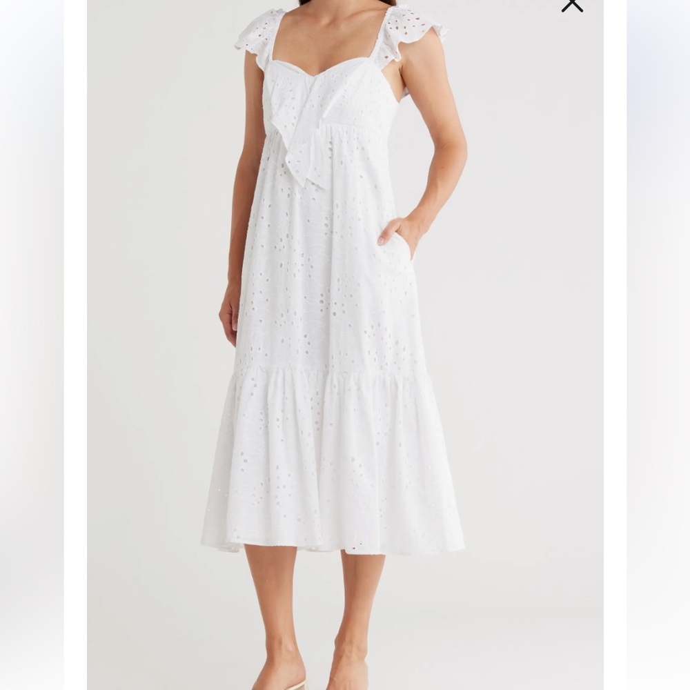 🆕Lilly Pulitzer Lantana Flutter Sleeve Midi Dress White Tropical Leaf Eyelet 14